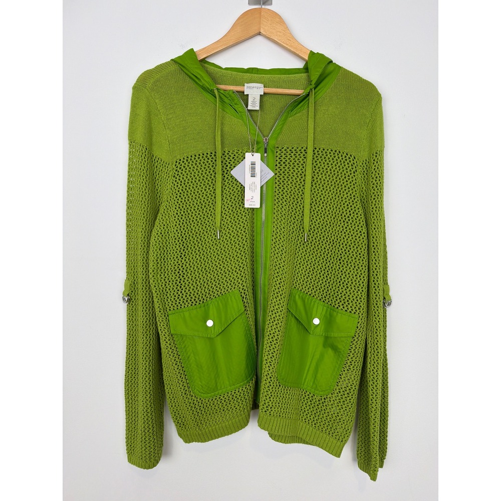 NWT Chico's Zenergy Sweater Jacket L Lime Green Hooded Zip Utility Coastal